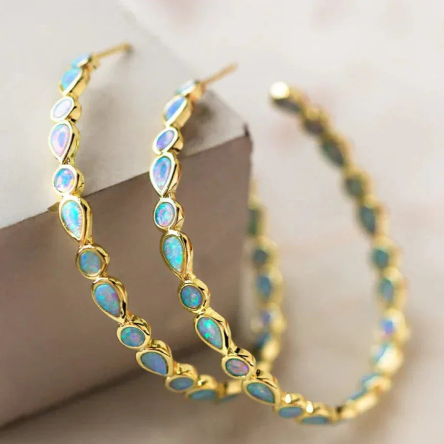 Emmeline | Vintage Blue Opal Golden Hoop Earrings