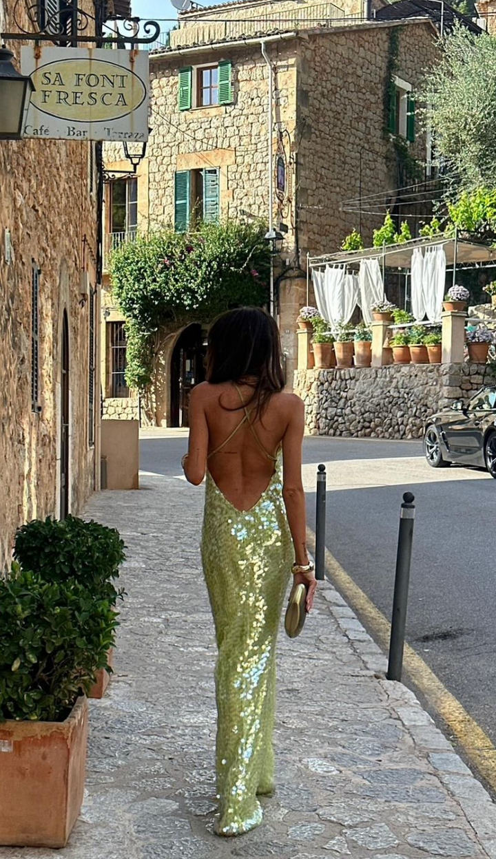 Ayla |  Square Collar Sequin Backless Party Dress