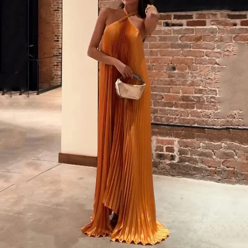 Mira | Chic Pleated Halter Neck Maxi Dress