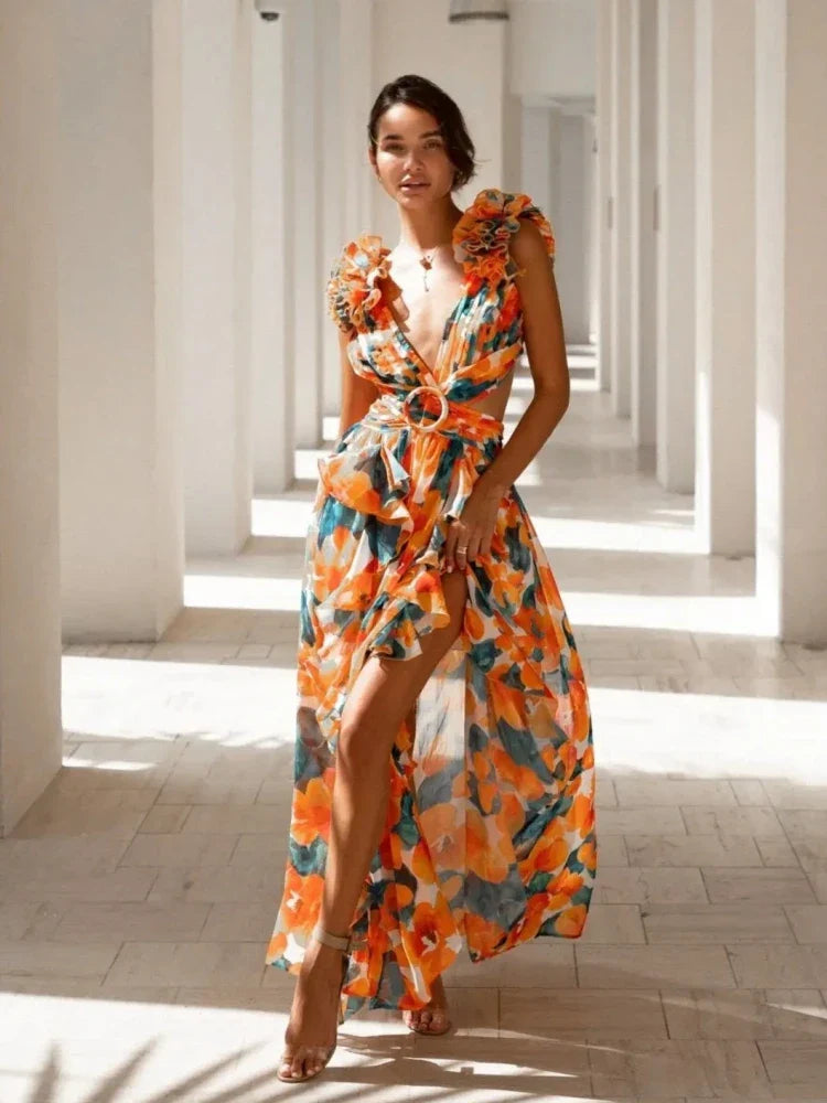 Aurora | Elegant Backless Ruffles Maxi Dress