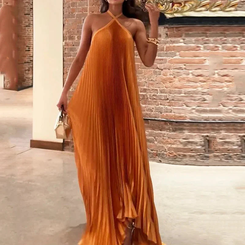 Mira | Chic Pleated Halter Neck Maxi Dress