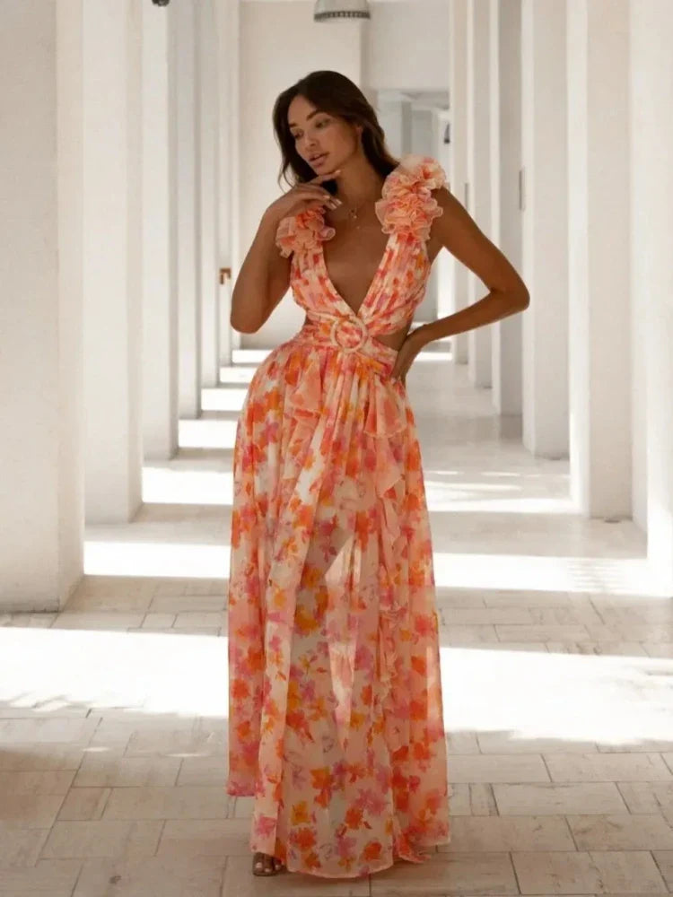 Aurora | Elegant Backless Ruffles Maxi Dress
