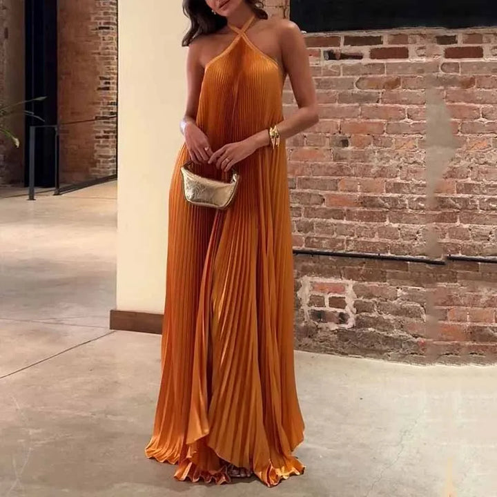 Mira | Chic Pleated Halter Neck Maxi Dress