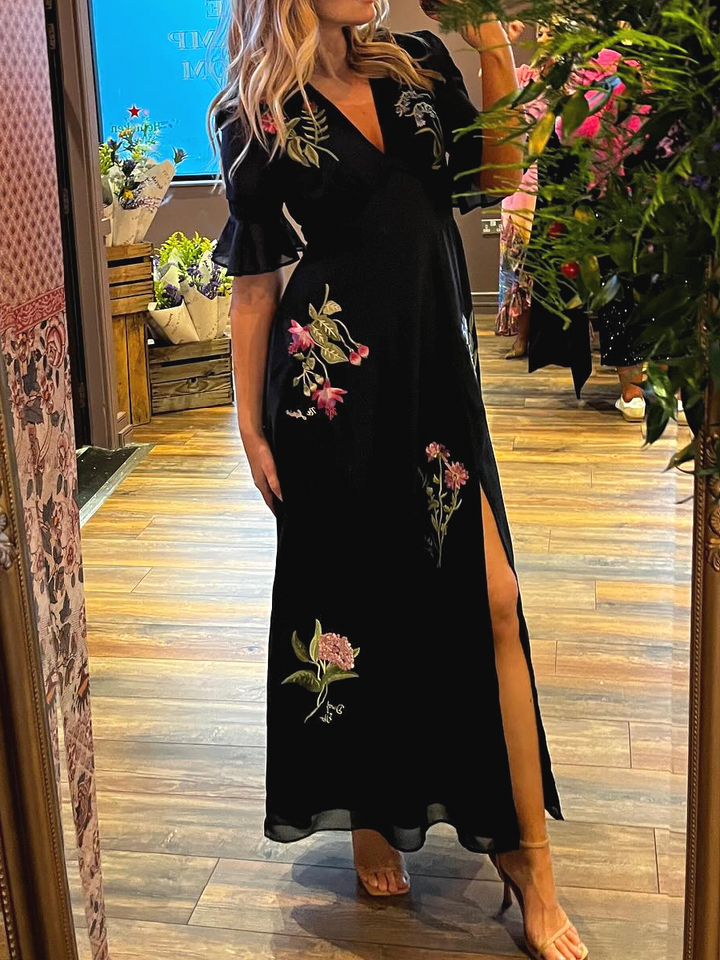 Maxine | Navy Blue Flower Embroidered Elegant Dress