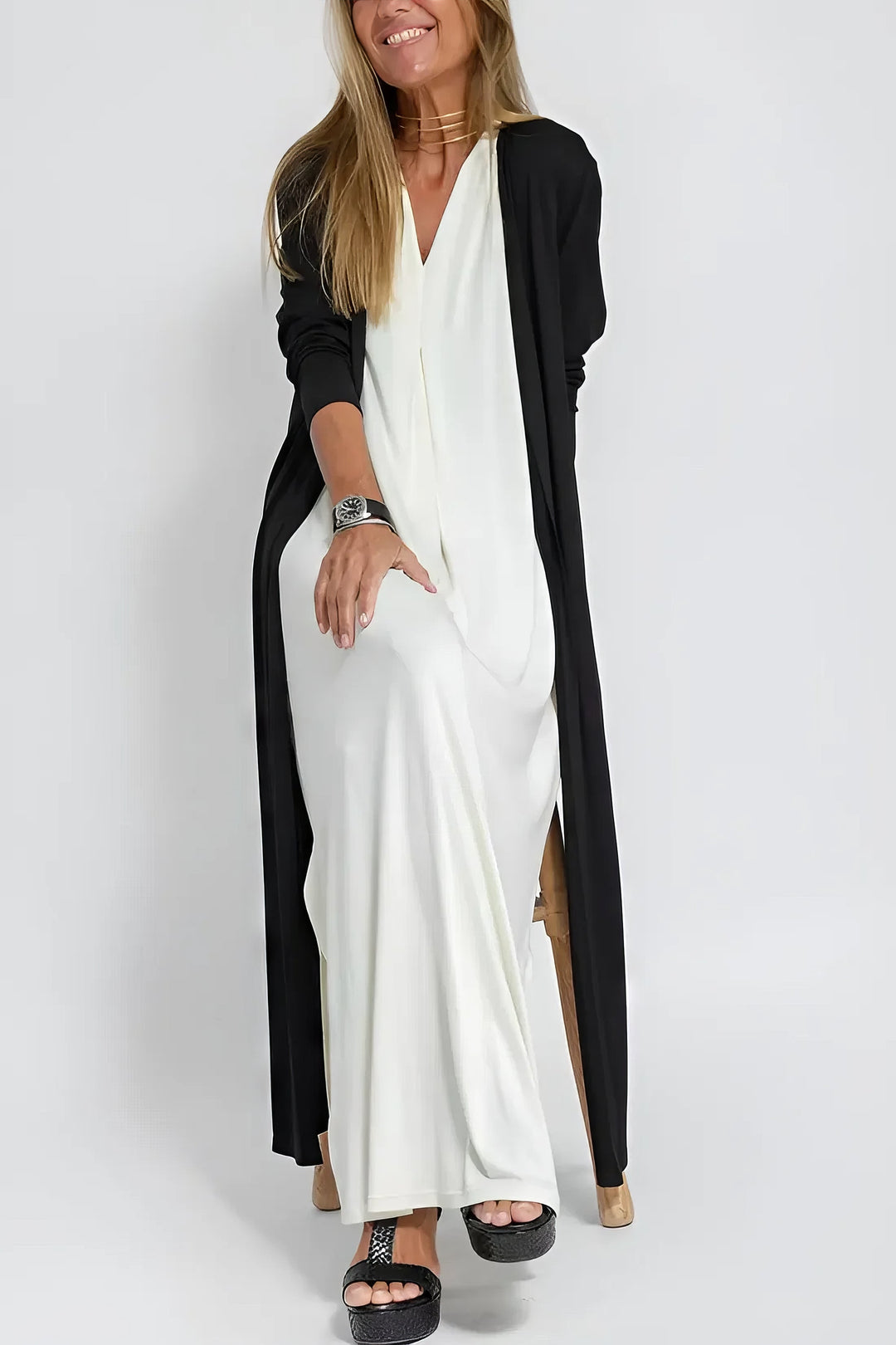 Natalia | elegant long dress + matching cardigan in GIFT