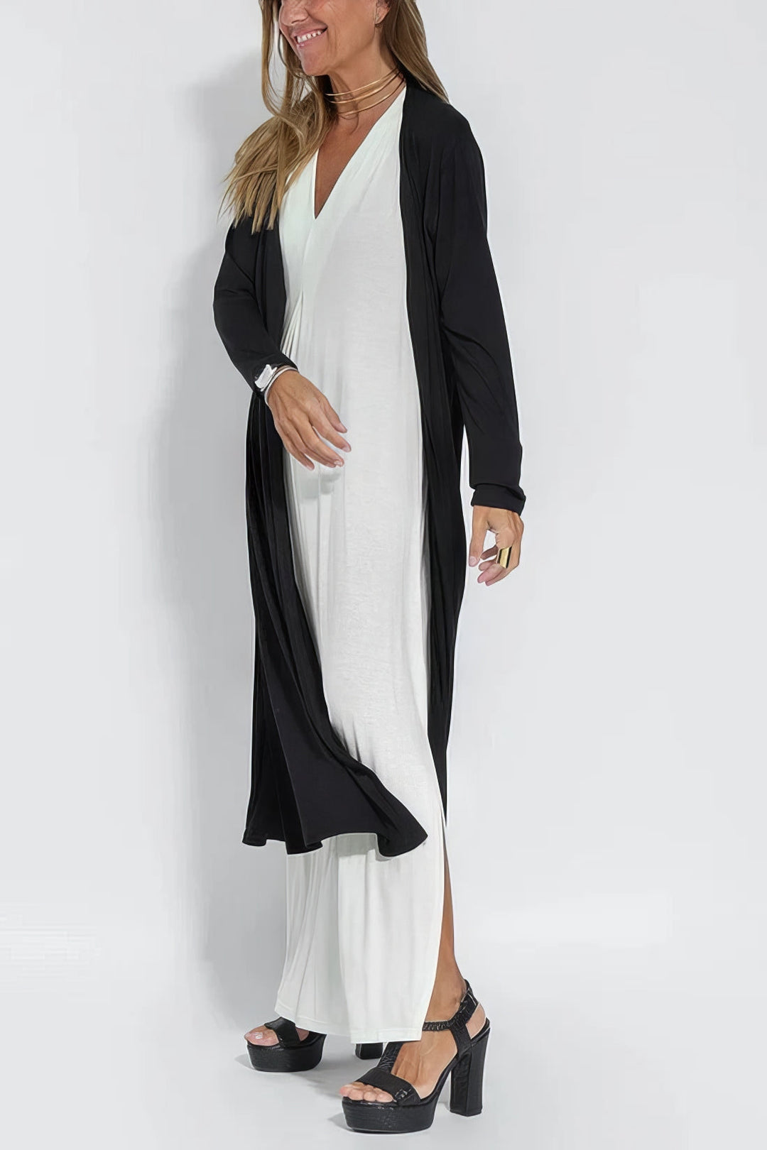 Natalia | elegant long dress + matching cardigan in GIFT