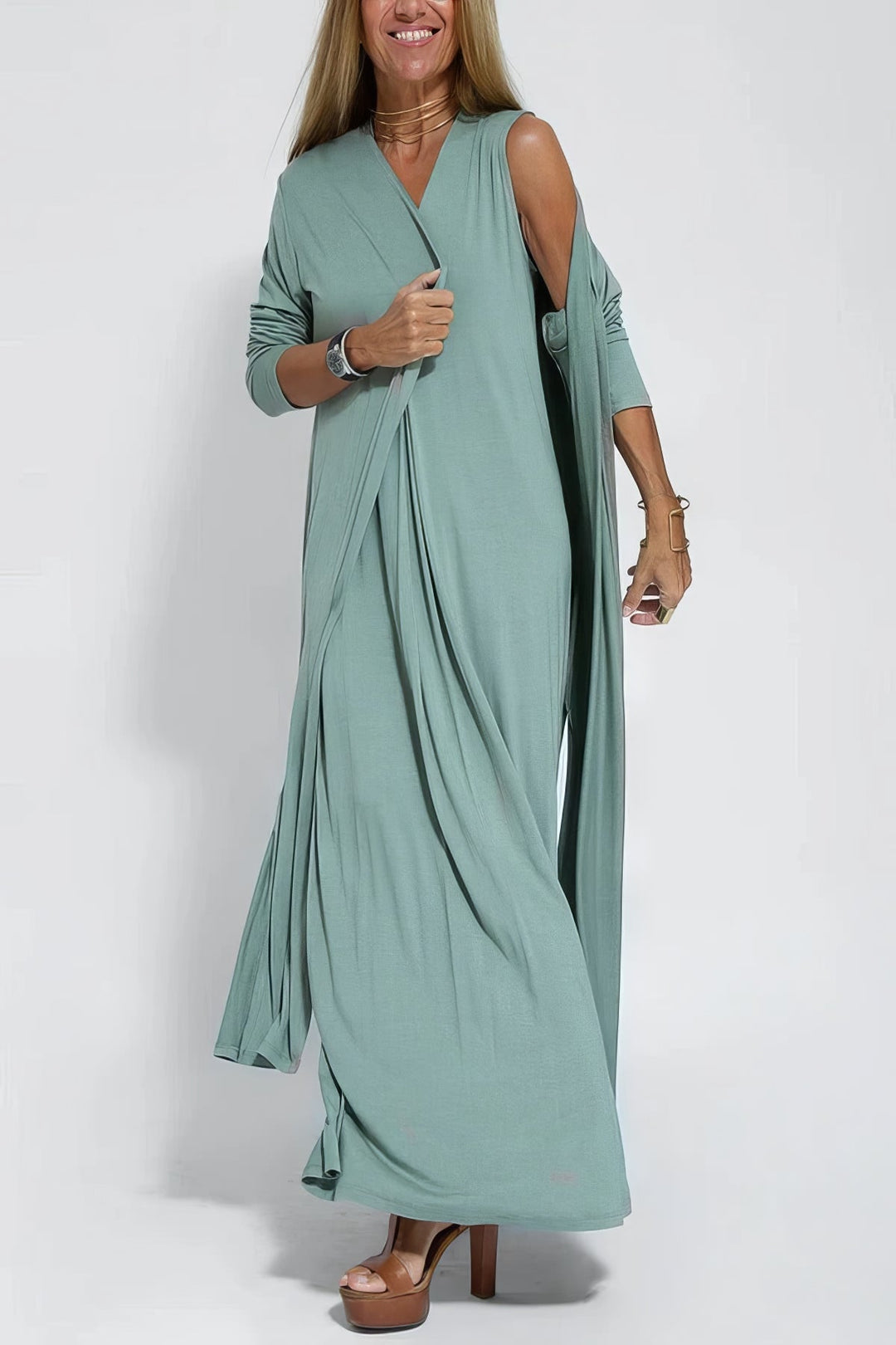 Natalia | elegant long dress + matching cardigan in GIFT