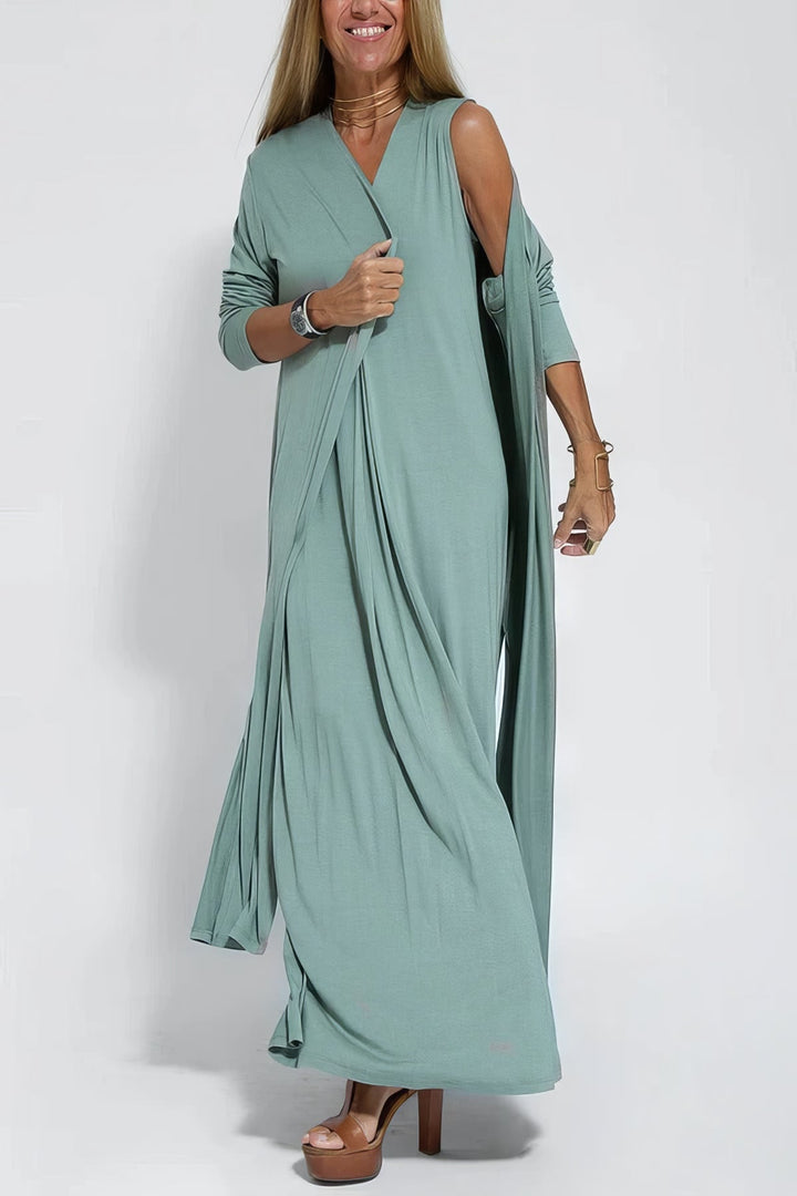 Natalia | elegant long dress + matching cardigan in GIFT